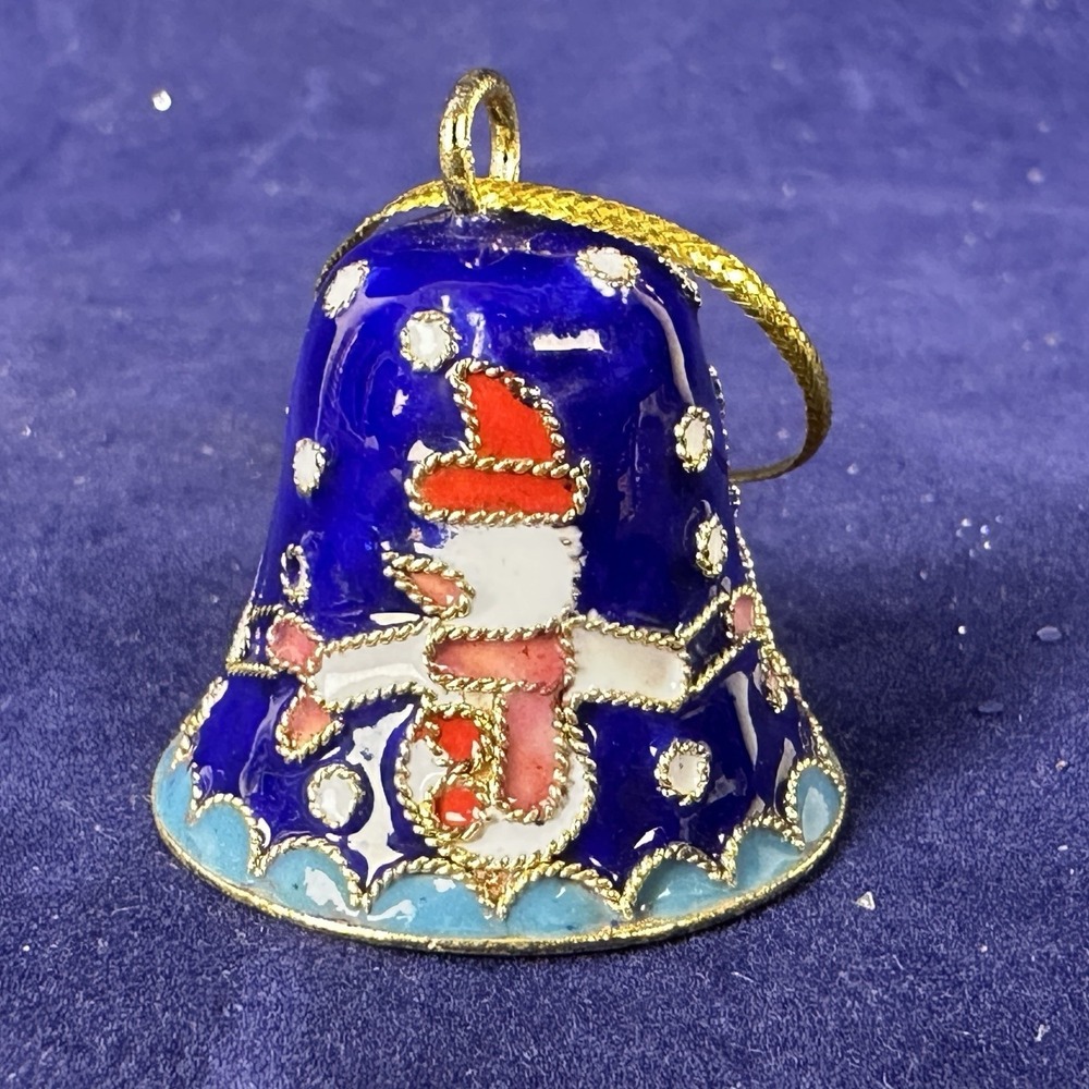 Vintage Miniature Enamel Cloisonne Cobalt Blue With Snowman Ornament